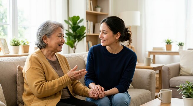 Elderly mother and adult daughter talking on a sofa. Senior woman holding hands with a younger female caregiver in a living room. Family bonding and support concept