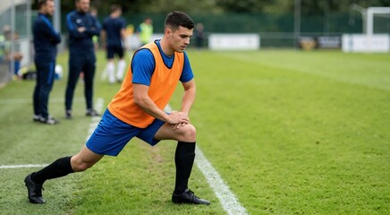 Fototapeta premium Substitute soccer player in an orange bib stretching on the sidelines. Male athlete warming up on the grass pitch before a football match