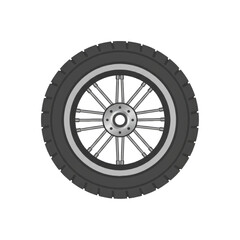 Obraz premium Stylized motorcycle wheel with matte dark grey rubber tire and metallic spokes radiating from a central polished hub on solid white background, mechanical precision
