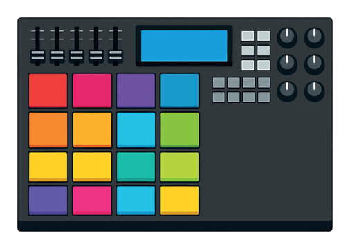 Colorful-pad drum machine controller features faders, knobs, and a display for crafting music beats