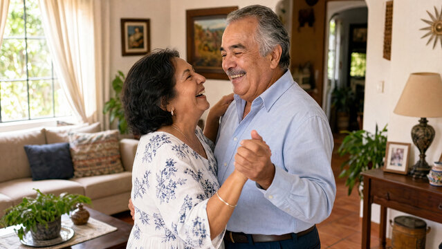 Senior Hispanic couple laughing affectionately while slow dancing together in their living room