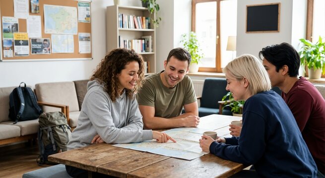 Group of young backpackers planning a trip with a map in a hostel. Friends sitting at a wooden table drinking coffee and discussing travel routes