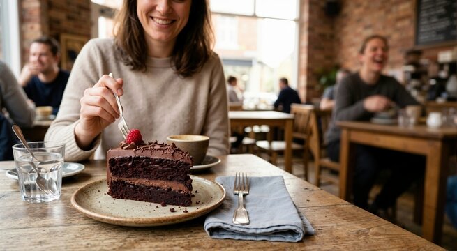Smiling woman eating a slice of layered chocolate cake in a cafe. Delicious dessert with raspberry on a wooden table. World Chocolate Day