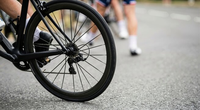 Close up of racing bicycle rear wheel and gears. Cyclist pedaling on asphalt road during competition. Professional cycling sport concept