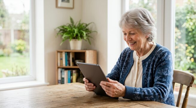 Smiling elderly woman using a digital tablet at home. Senior female browsing the internet on a touchscreen device at a wooden table. Modern technology and communication