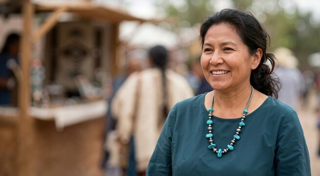Smiling Indigenous woman wearing a turquoise and silver bead necklace. Close up portrait of a Native American female at an outdoor market. International Day of the World's Indigenous Peoples