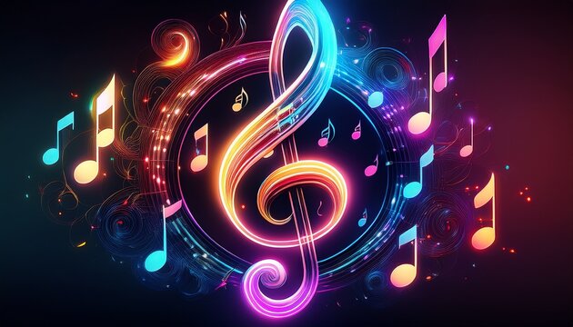 neon glowing musical notes and treble clef float against a dark backdrop colorful animated and bright symbols represent music and sound