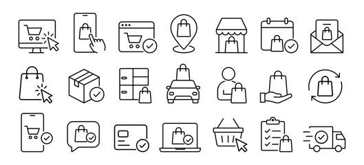 Online order pickup and delivery service editable stroke outline icons set isolated on white background flat vector illustration. © Ezra