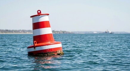 Red and white striped maritime safety buoy floating in the ocean. Nautical navigation marker in the sea on a sunny day. US Coast Guard Day concept © Xenia