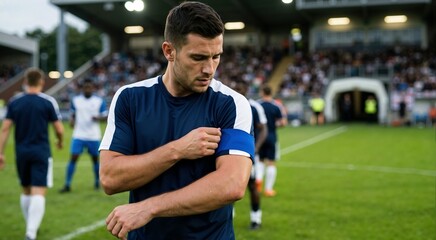 Fototapeta premium Soccer team captain putting on blue armband before kickoff. Male football player preparing for match on green grass pitch. Sports leadership concept