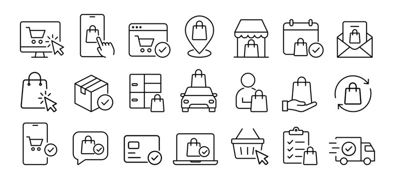 Online order pickup and delivery service editable stroke outline icons set isolated on white background flat vector illustration.
