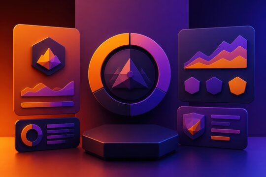 Neon 3D analytics dashboard with futuristic data widgets and glowing interface