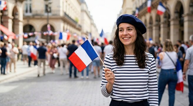 Smiling woman holding a French flag on a city street. Happy female tourist wearing a blue beret and striped shirt celebrating Bastille Day