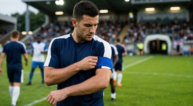 Soccer team captain putting on blue armband before kickoff. Male football player preparing for match on green grass pitch. Sports leadership concept