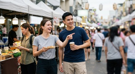Fototapeta premium Happy couple exploring outdoor street food market. Laughing woman pointing and holding food skewers while walking with boyfriend