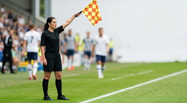 Female assistant referee raising a checkered flag on the sideline of a soccer field. Official making an offside call during a football match. Sports competition authority