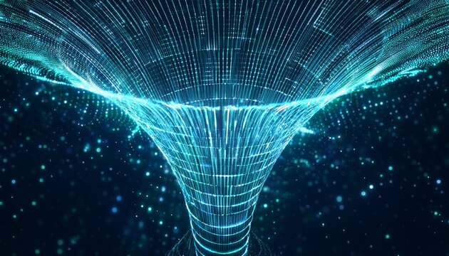 abstract digital funnel vortex of glowing particles on a dark background data analysis concept