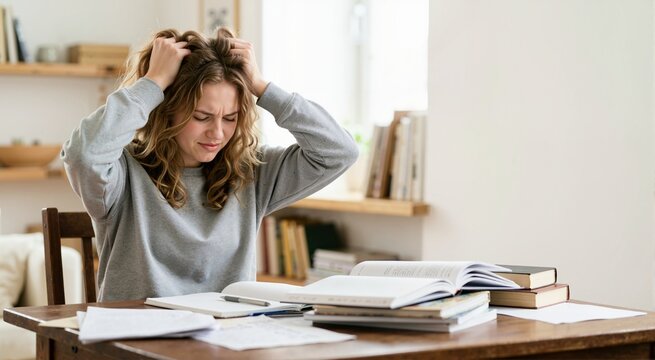 Stressed teenage girl pulling her hair while studying at a desk. Frustrated student overwhelmed by homework and exam preparation