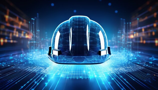 digital construction helmet floating over an abstract futuristic background with glowing data points and lines representing the flow of information in modern engineering design