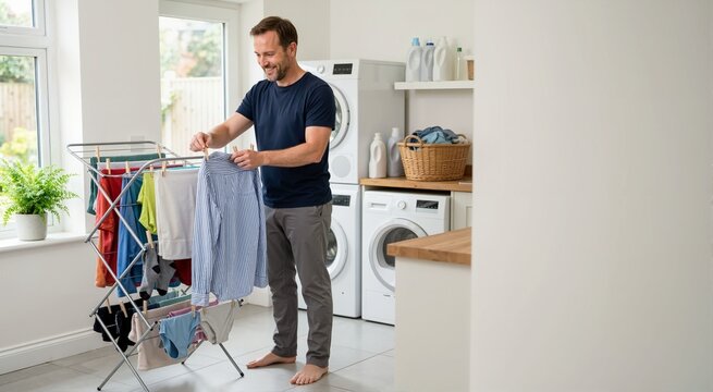 Smiling man hanging wet clothes on a metal drying rack. Adult male doing laundry in a bright modern utility room. Household chores and domestic lifestyle