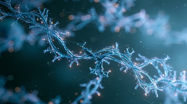Glowing RNA strands weave around chaperone proteins inside a luminous cellular environment, with particle trails and soft gradients. Centered macro composition, calm precise mood, cool blue lab