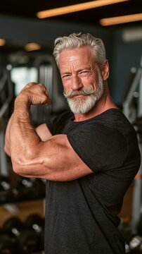 A muscular older man flexing in a modern gym, dumbbells and weight machines softly blurred behind him, confident mood, warm directional lighting, medium portrait composition.