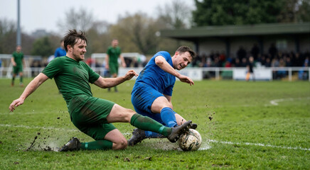Fototapeta premium Soccer player in green uniform sliding on wet grass to tackle an opponent in blue. Football players competing for possession on a muddy pitch. Action and competition concept