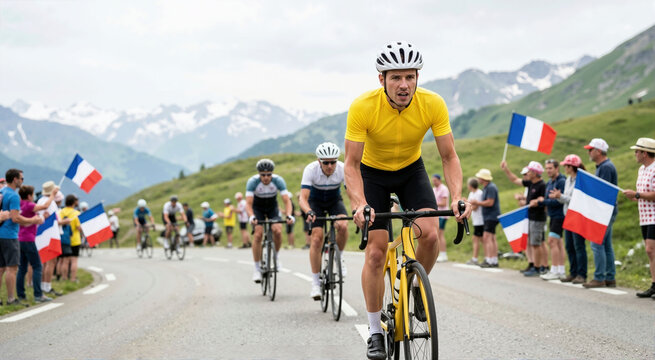 Professional cyclist in a yellow jersey leading a mountain race. Athletes riding bicycles uphill while spectators wave French flags. Competitive cycling sports event