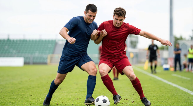 Two male soccer players battling for the ball on a green field. Aggressive shoulder to shoulder challenge between rival midfielders. Sports competition concept