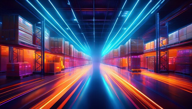 dynamic scene of a warehouse in action with motion blur conveying the fast pace of logistic operations cyberpunk style warehouse of the city of the future