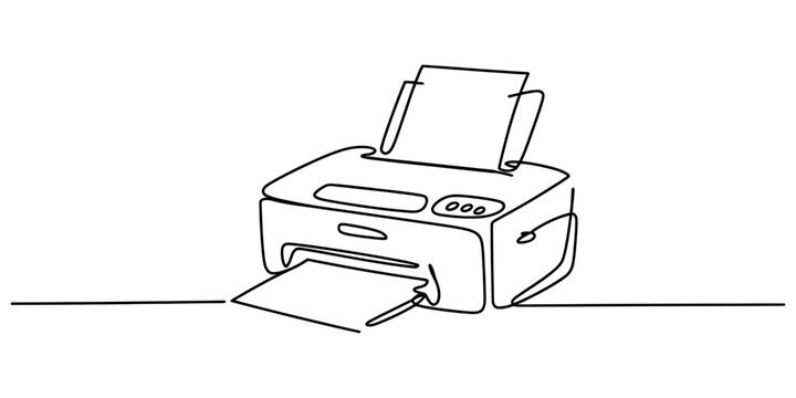Simple line drawing of a printer machine printing a document page Vector, illustration