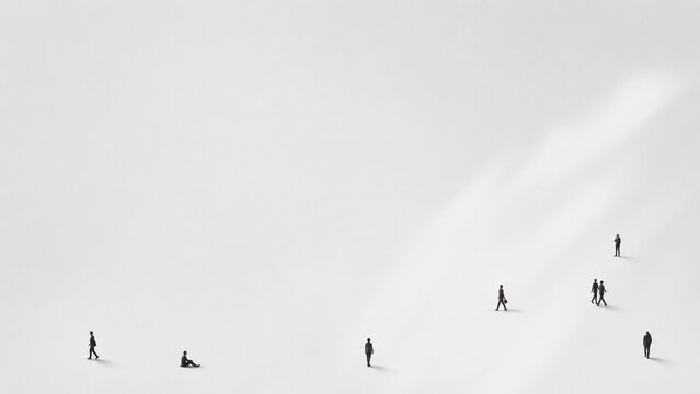 Small human figures stand and walk across a vast minimalist white space.