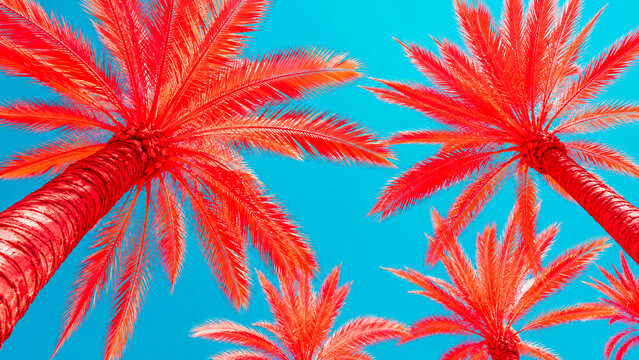 Vivid red palm trees rise against a bright turquoise sky.