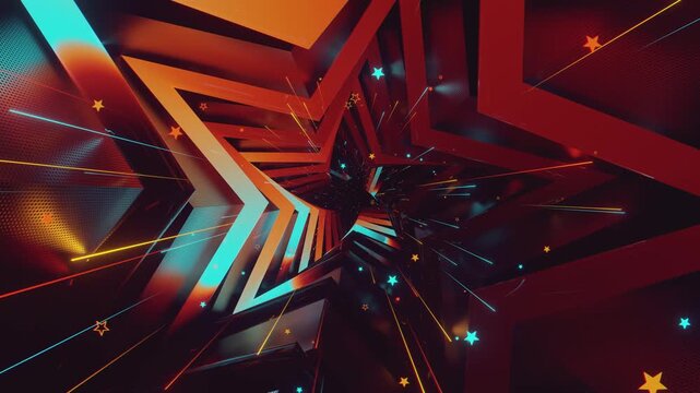 4k seamless VJ loop of a futuristic star-shaped tunnel. Abstract digital vortex with rhythmic motion and geometric elements, for electronic music festivals, high-tech club visuals, stage screens.