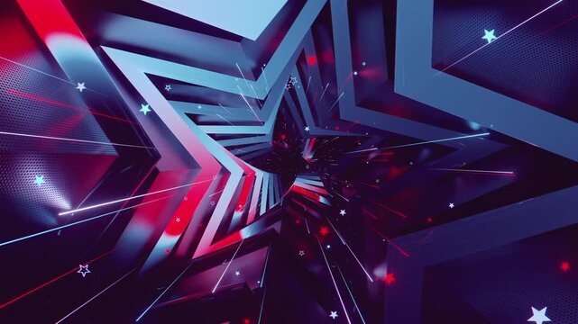 4k seamless VJ loop of a futuristic star-shaped tunnel. Abstract digital vortex with rhythmic motion and geometric elements, for electronic music festivals, high-tech club visuals, stage screens.