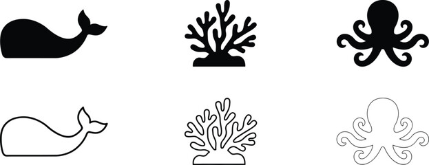 Set of marine life featuring a whale, coral, and octopus in solid black silhouette and simple outline styles © ico-vect