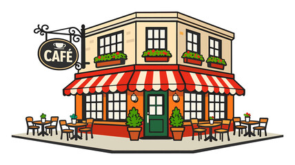 Fototapeta premium Cartoon-style caf fronts the sidewalk, offering outdoor seating beneath a two-story awning