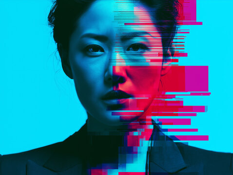 Futuristic woman portrait with a digital glitch effect in vivid cyan and magenta neon lighting.