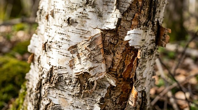 Close-up of birch tree bark with peeling white and brown layers