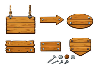Fototapeta premium Wood signs and blank planks for messages. Set of wooden textured boards, arrows, ropes, nails, and screws