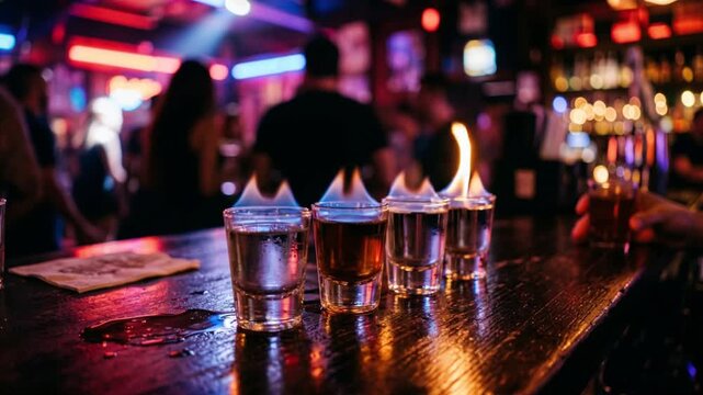 flaming alcohol shots on bar counter 