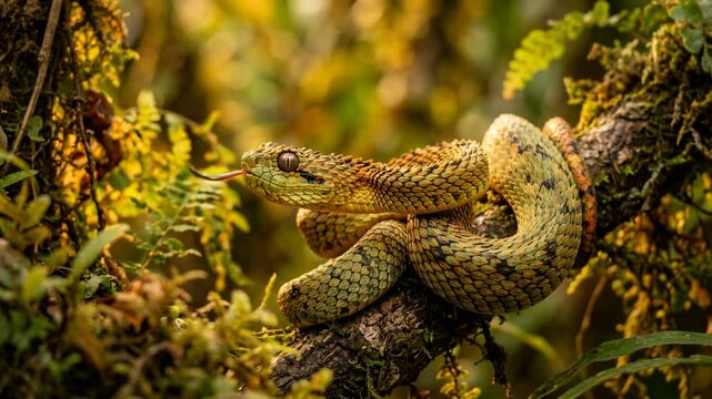 bush viper close up at golden light in tropical rainforest uganda video