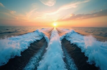 Obraz premium Fast motorboat leaves foamy white trail on calm blue sea water. Sunset paints sky with orange and yellow hues. Ocean waves reflect golden light. Nautical journey begins.
