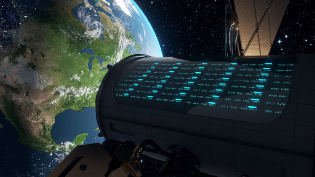 Artificial intelligence satellite in orbit. CGI artistic representation.
