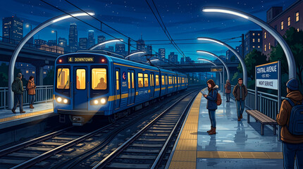Obraz premium Blue commuter train arriving at a station platform at night with city skyline