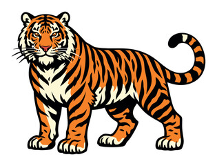 Obraz premium Standing tiger illustration, a fierce predator marked by orange and black stripes, embodying power and untamed wilderness