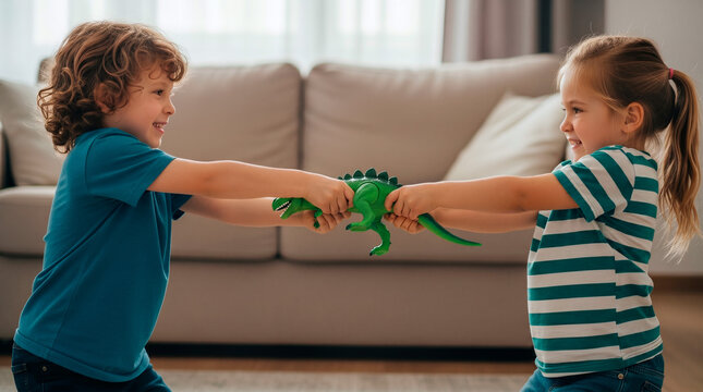 Young brother and sister fighting over a green dinosaur toy in the living room