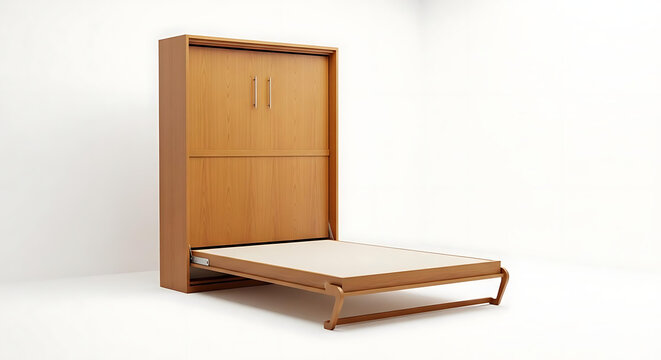 Modern wooden murphy bed in a halfopen position isolated on white background