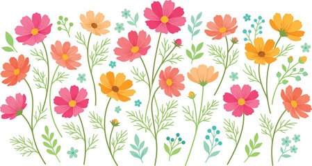 Fototapeta premium A beautiful watercolor illustration featuring a vibrant meadow of colorful cosmos flowers with delicate green foliage isolated on a clean white background for artistic design