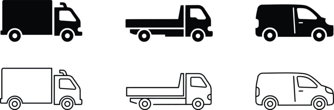 Set of six black and white vehicle featuring box trucks, flatbed trucks, and cargo vans in solid silhouette and outline styles